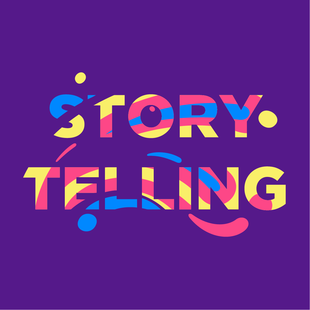 Purple background with large colorful text that reads "Storytelling"